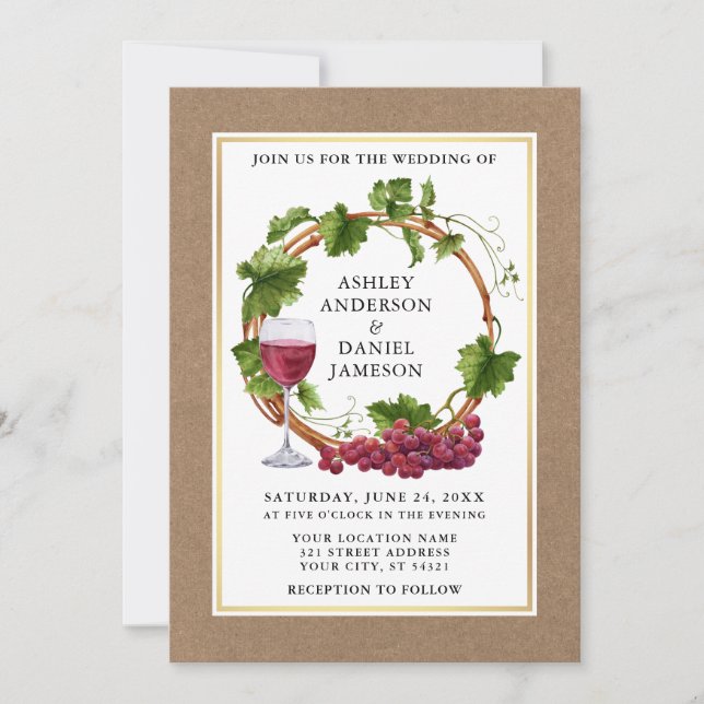 Watercolor Grape Vines Wood Wreath Kraft Wedding Invitation (Front)