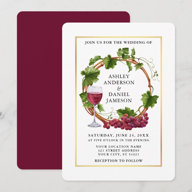 Watercolor Grape Vines Wreath Gold Frame Wedding Invitation (Front/Back)