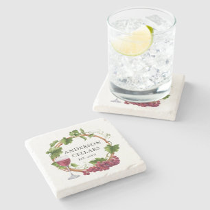 Watercolor Grape Vines Wreath Name Wine Cellar Stone Coaster