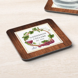 Watercolor Grape Vines Wreath Wine Cellar Name Coaster