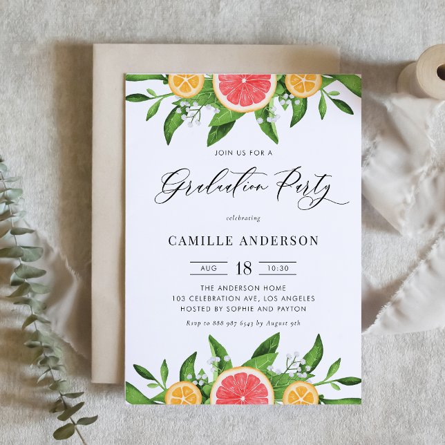 Watercolor Grapefruit and Oranges Graduation Party Invitation (Creator Uploaded)
