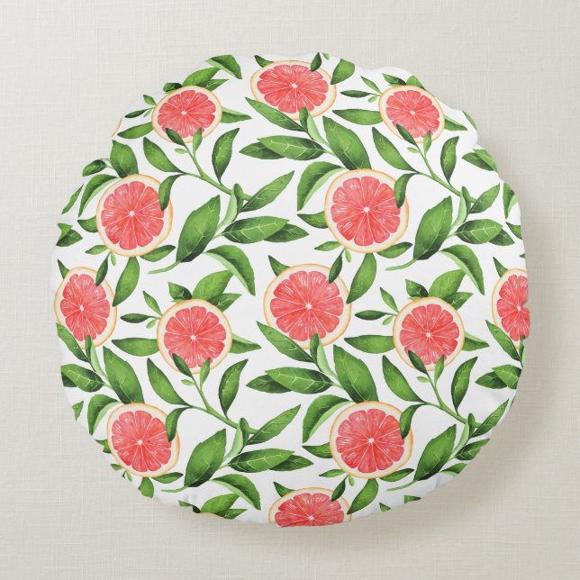 Watercolor Grapefruits and Greenery Pattern Round Cushion (Front)