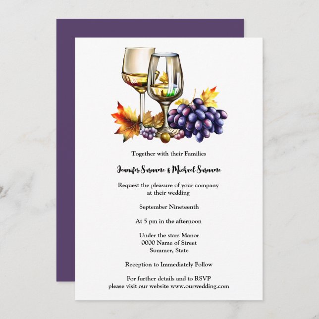 Watercolor grapes wine glasses winery vineyard invitation (Front/Back)