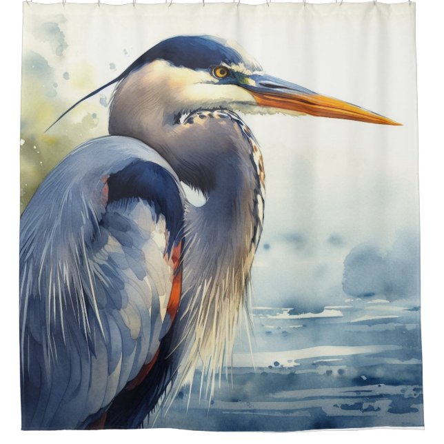 Watercolor Great Blue Heron Bird Shower Curtain (Front)