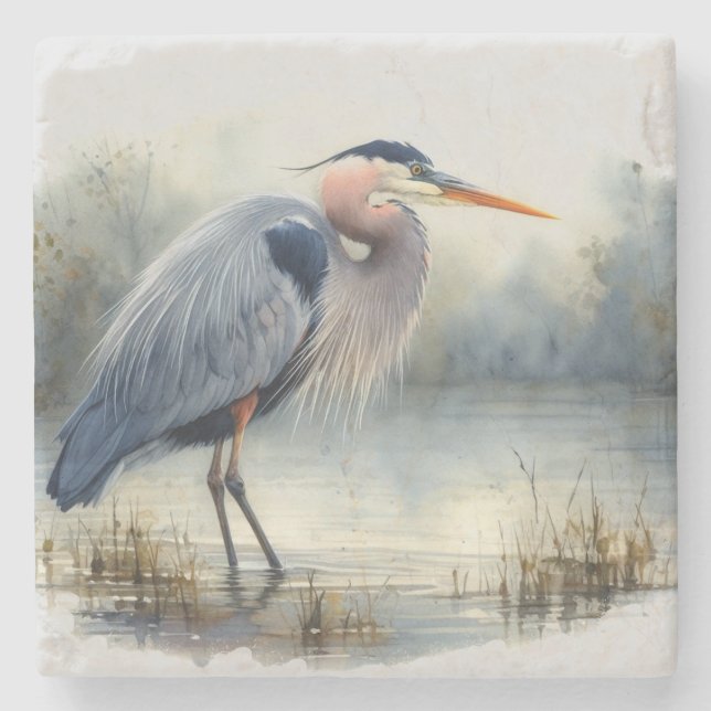 Watercolor Great Blue Heron Bird Wildlife Nature  Stone Coaster (Front)