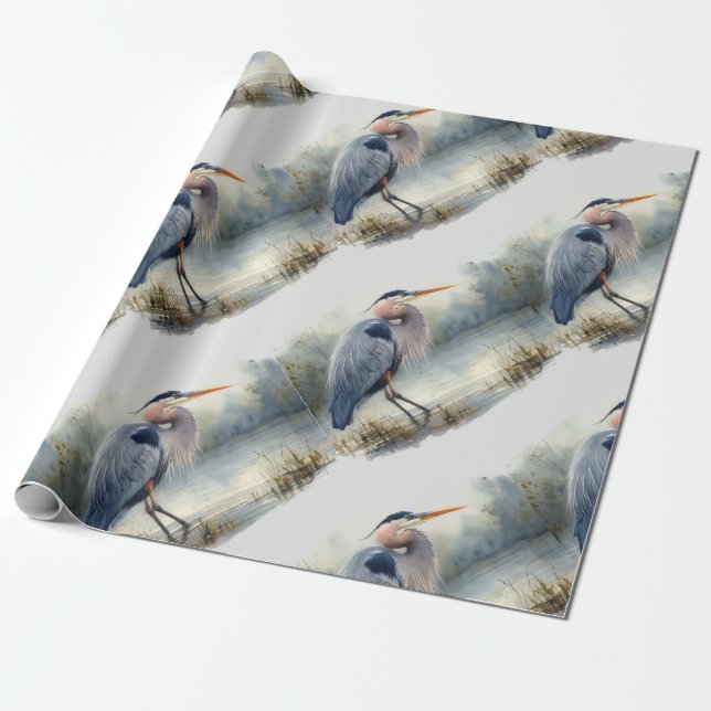 Watercolor Great Blue Heron Bird Wildlife Nature  Wrapping Paper (Unrolled)
