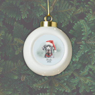 Watercolor Great Dane Santa Hat Personalised Ceramic Ball Christmas Ornament