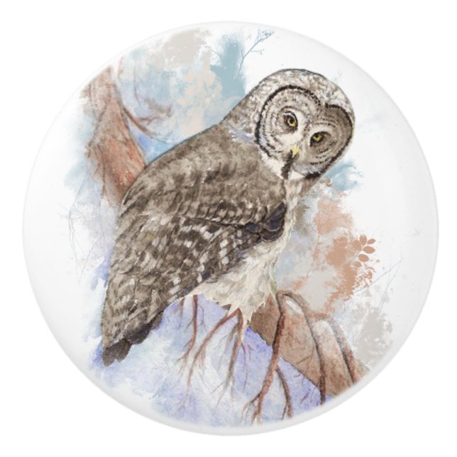 Watercolor Great Grey Owl Bird Nature Art Ceramic Knob (Front)