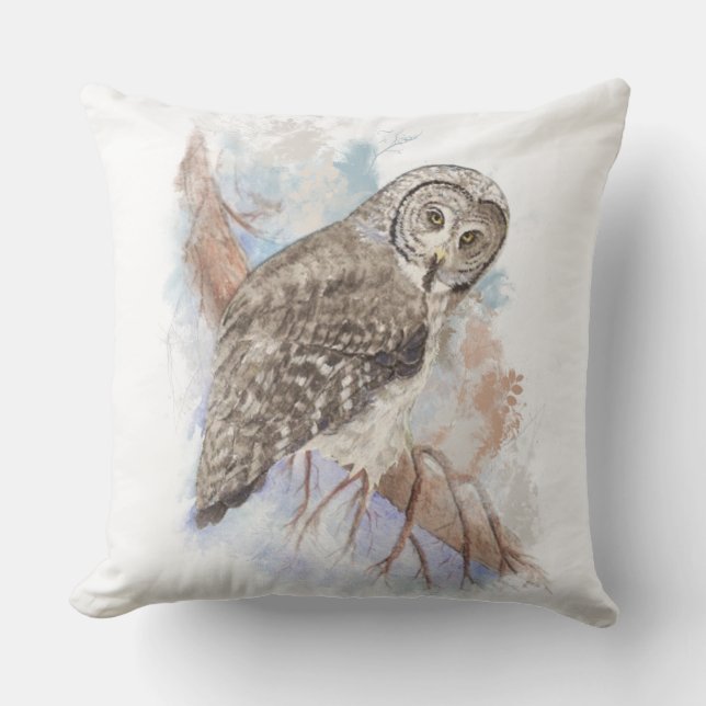 Watercolor Great Grey Owl Bird Nature Art Cushion (Front)