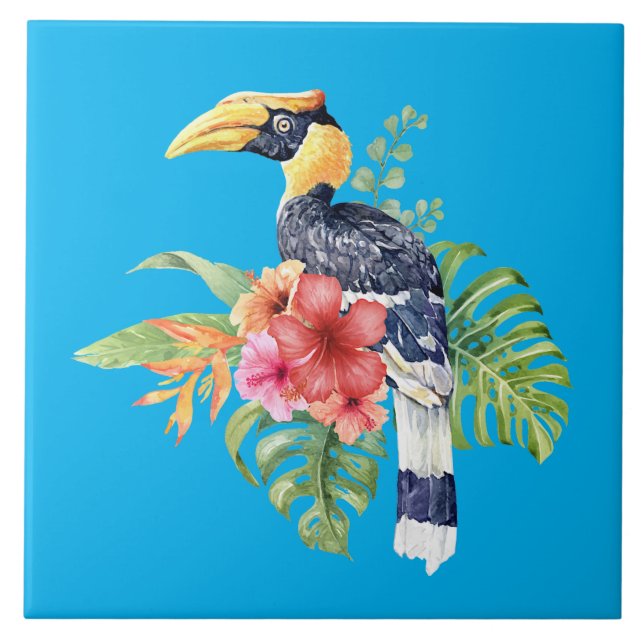 Watercolor Great Hornbill Bird Tile (Front)