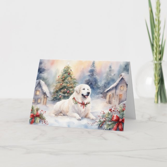 Watercolor Great Pyrenees Xmas Scene Card (Front)