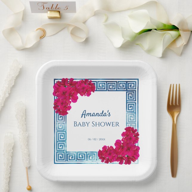 Watercolor Grecian Elegance + Pink Baby Shower Paper Plate (Wedding)