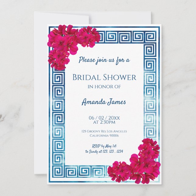 Watercolor Grecian Elegance + Pink Bridal Shower Invitation (Front)