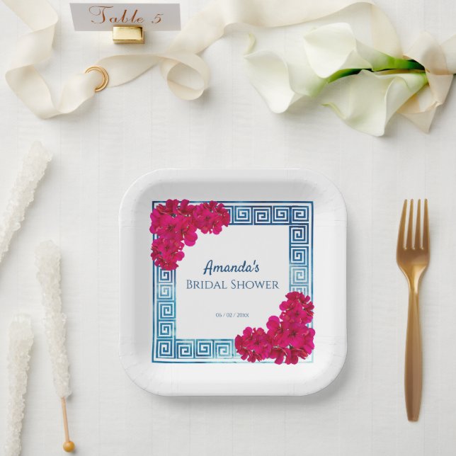 Watercolor Grecian Elegance + Pink Bridal Shower Paper Plate (Wedding)