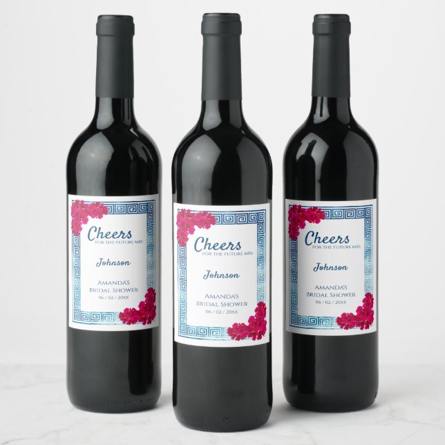 Watercolor Grecian Elegance + Pink Bridal Shower Wine Label (Bottles)