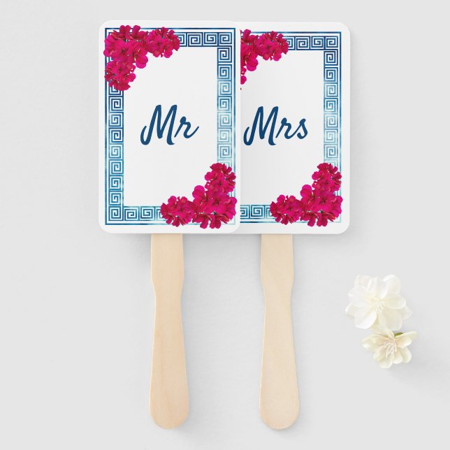 Watercolor Grecian Elegance + Pink Wedding Game Hand Fan (Front and Back)
