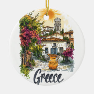 Watercolor Greece: Village Scene with Flowers Ceramic Tree Decoration