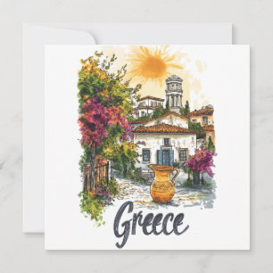 Watercolor Greece: Village Scene with Flowers Holiday Card