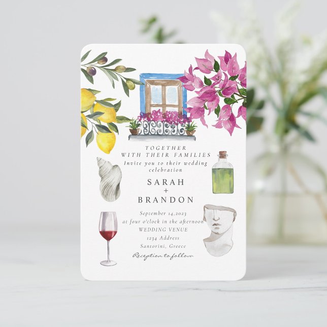 Watercolor Greece Wedding Blue tile Invitation (Creator Uploaded)