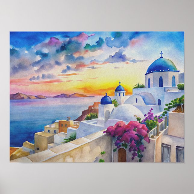 Watercolor Greek Island Landscape Art of Santorini Poster (Front)