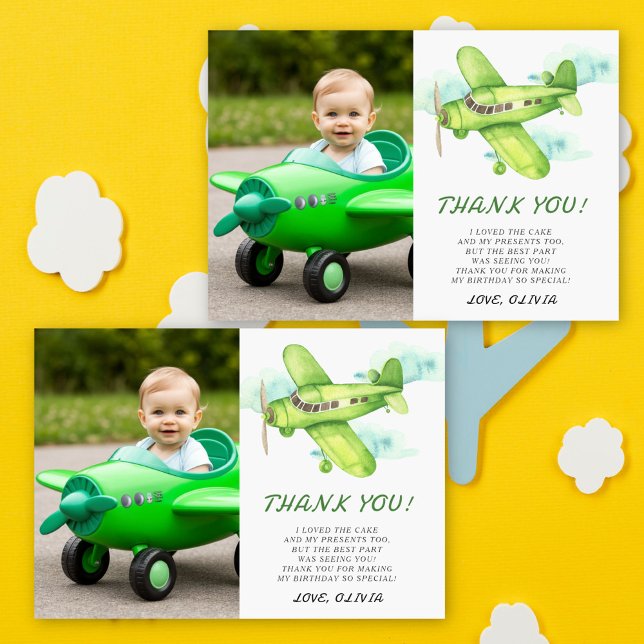Watercolor Green Aeroplane Birthday thank you (Creator Uploaded)