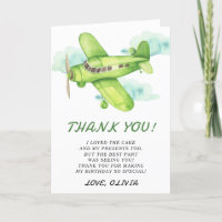 Watercolor Green Aeroplane Birthday thank you