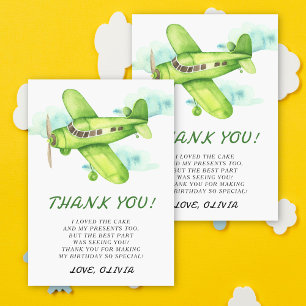 Watercolor Green Aeroplane Birthday thank you Card