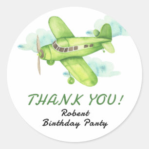 Watercolor Green Aeroplane Birthday thank you Classic Round Sticker