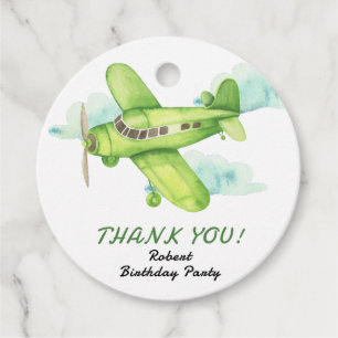Watercolor Green Aeroplane Birthday thank you Favour Tags