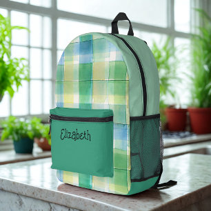 Watercolor Green and Blue Plaid Printed Backpack