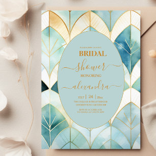 Watercolor Green and Gold Art Deco Bridal Shower  Invitation