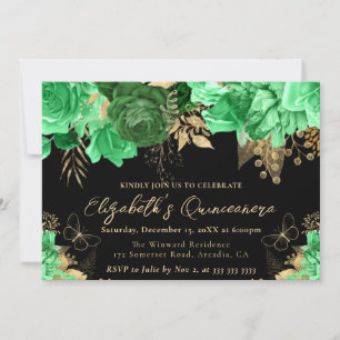 Watercolor Green and Gold Flowers Quinceanera Invitation