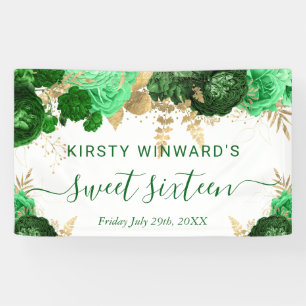 Watercolor Green and Gold Flowers Sweet 16 Banner