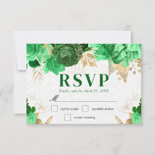 Watercolor Green and Gold Flowers Wedding RSVP Card