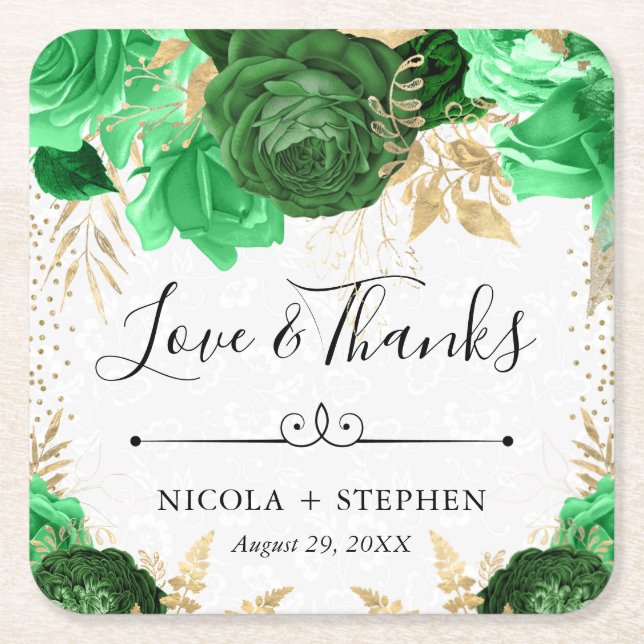 Watercolor Green and Gold Flowers Wedding Square Paper Coaster (Front)