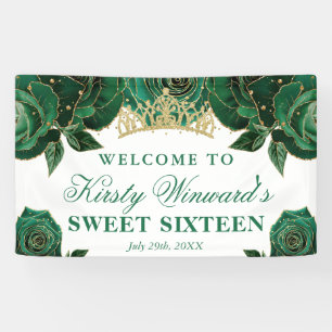 Watercolor Green and Gold Roses Sweet Sixteen Banner