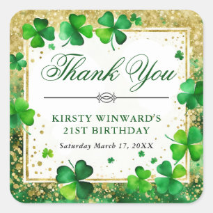 Watercolor Green and Gold Shamrock 21st Birthday Square Sticker