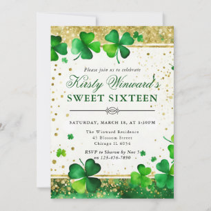 Watercolor Green and Gold Shamrock Sweet Sixteen Invitation