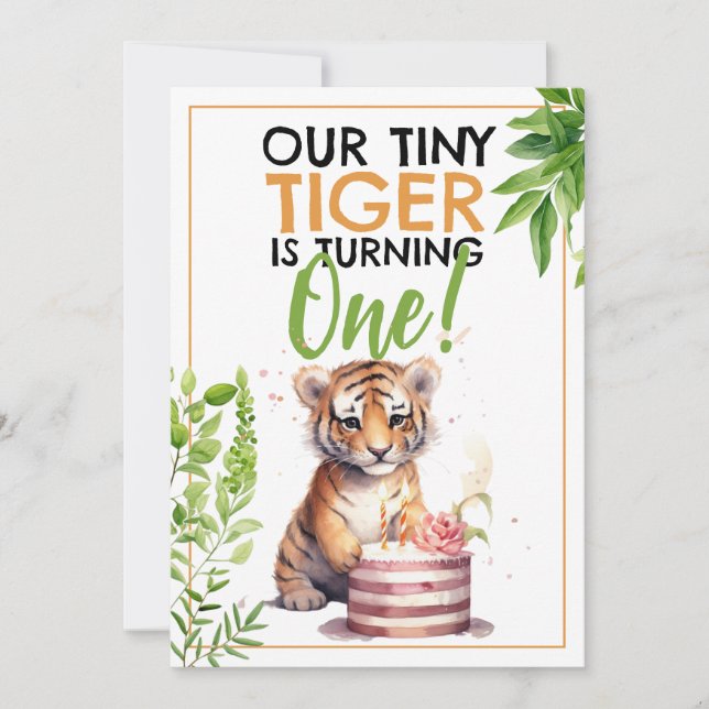 Watercolor Green and Orange Cute Kids Tiger Invitation (Front)