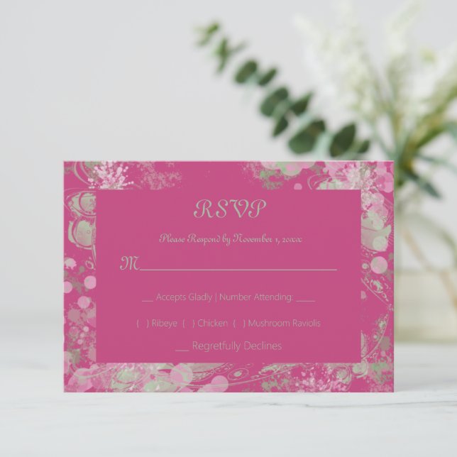 Watercolor Green and Pink Botanical RSVP Card (Standing Front)