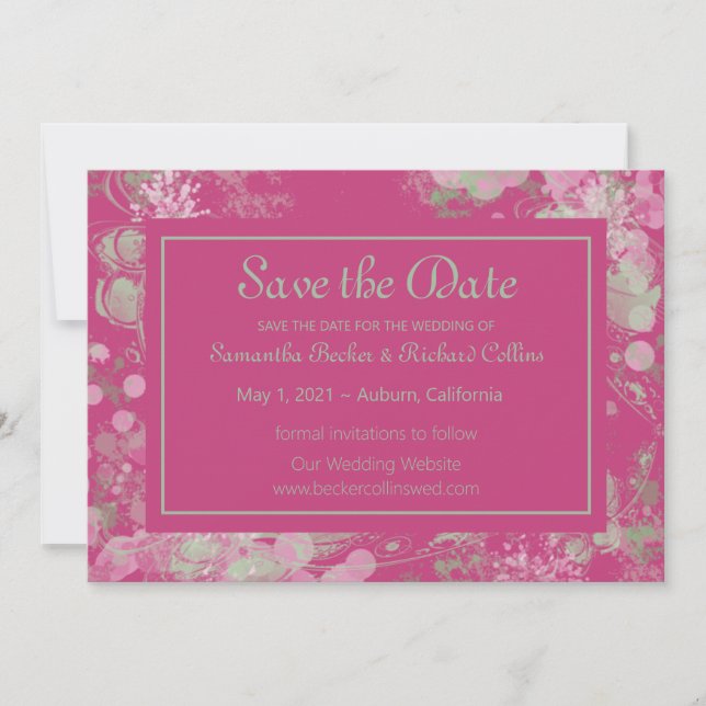 Watercolor Green and Pink Botanical Save The Date (Front)