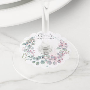 Watercolor Green and Pink Eucalyptus Leaves Wine Glass Tag