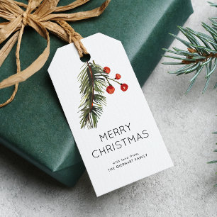 Watercolor Green and Red Berries Christmas Gift Tags