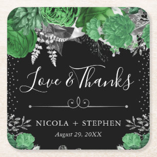 Watercolor Green and Silver Flowers Wedding Square Paper Coaster