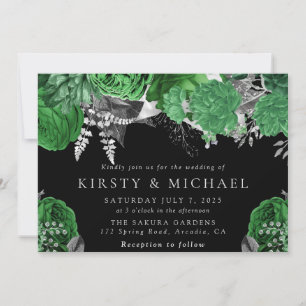 Watercolor Green and Silver Roses Wedding Invitation