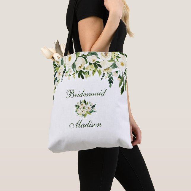 Watercolor Green and White Floral Bridesmaid Tote Bag (Close Up)