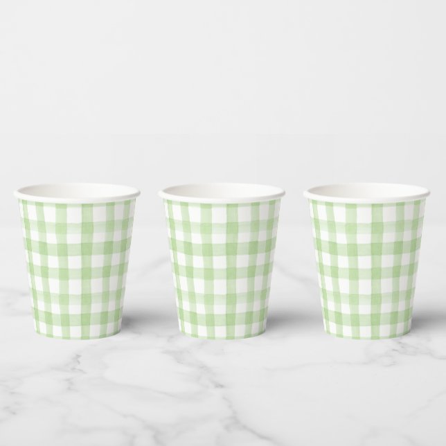 Watercolor Green and White Gingham Paper Cups (Multi)