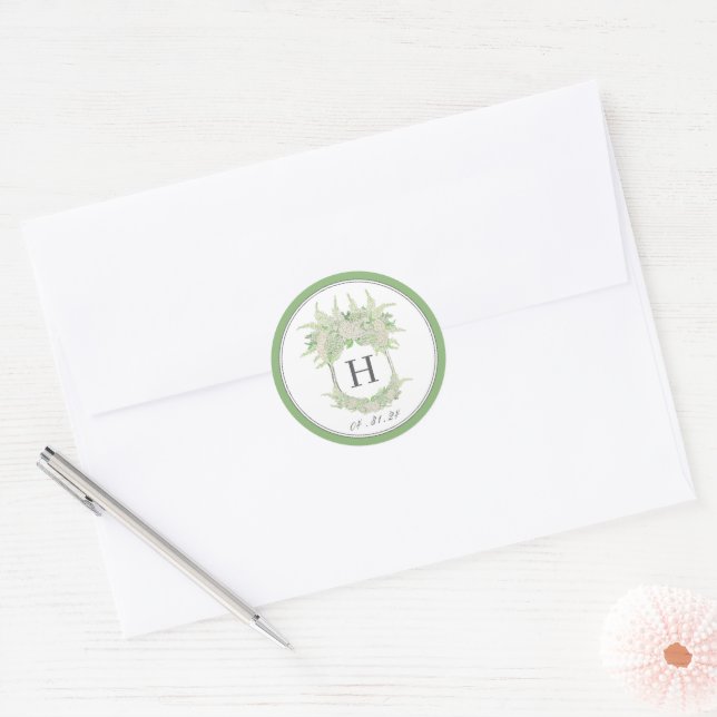 Watercolor Green and White Hydrangea Crest Classic Round Sticker (Envelope)