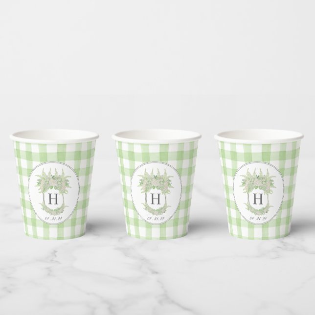 Watercolor Green and White Hydrangea Crest Gingham Paper Cups (Multi)