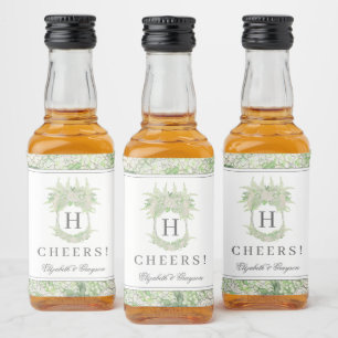 Watercolor Green and White Hydrangea Crest Liquor Bottle Label